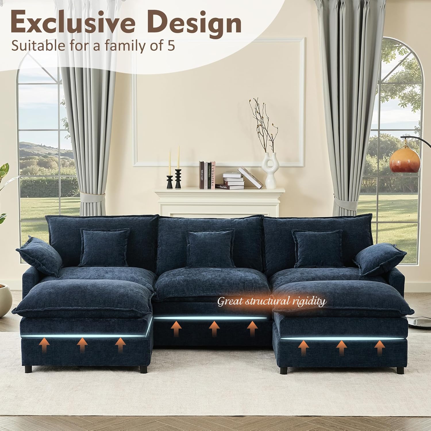 108" U Shaped Couch, Modular Sectional Sofa, 3-Seater Comfy Cloud Couch, Set of Modular Pieces with Movable Ottoman, Deep Seat Couches for Living Room, Chenille, Navy