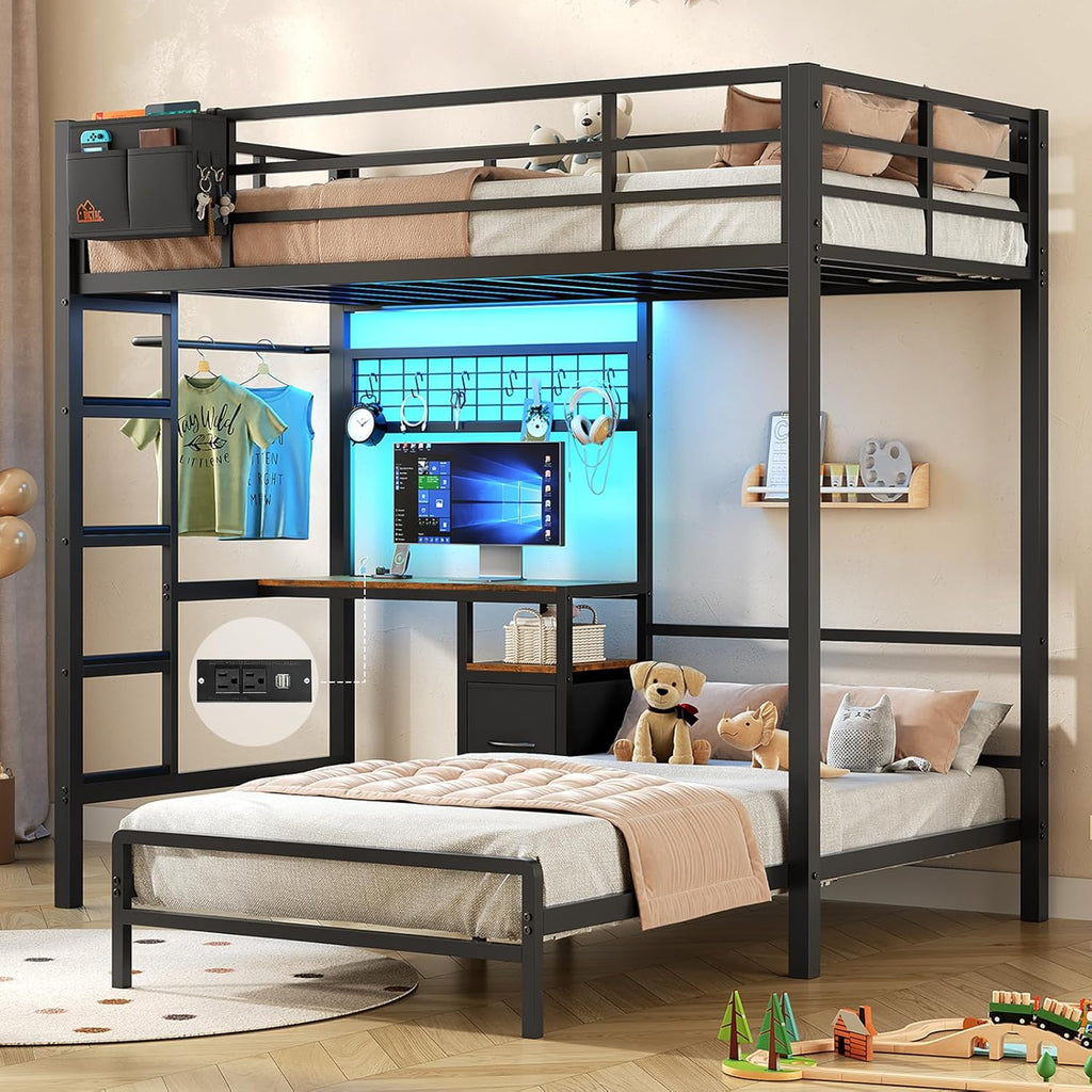 DICTAC Bunk Bed with Desk,Led Lights and Charging Station Twin Over Twin Bunk Beds with Storage Drawers and Shelves,Metal L-Shaped Kids bunk Bed with Safety Guardrail&Ladder,No Box Spring Needed,Black
