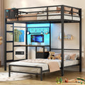 DICTAC Bunk Bed with Desk,Led Lights and Charging Station Twin Over Twin Bunk Beds with Storage Drawers and Shelves,Metal L-Shaped Kids bunk Bed with Safety Guardrail&Ladder,No Box Spring Needed,Black