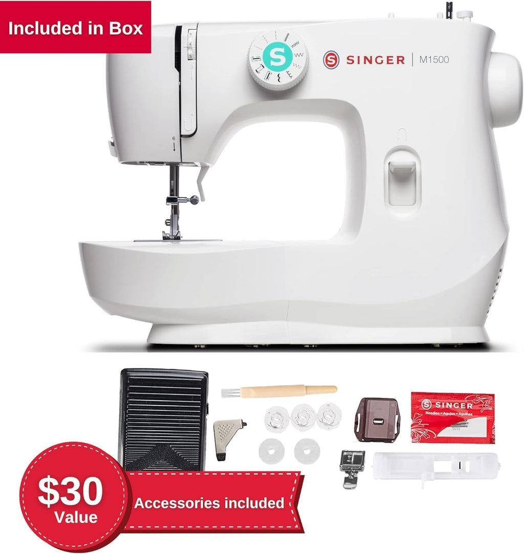 SINGER® M1500 Sewing Machine +Accessory Kit | 6 Built-In Stitches Deliver 57 Stitch Applications | Lightweight & Portable |LED Light & 4-step Buttonhole | Great for Quilting, Crafts & Mending