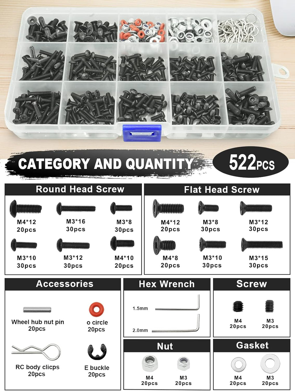 RC Tool Kit Screwdriver Set (Flat, Phillips, Hex) Metal Holder, RC Work Stand, 522PCS Screw Kit, Pliers Set, Body Reamer, Wrench, Tray, Repair Tool for RC Car Boat Quadcopter Helicopter -27pcs (Black)