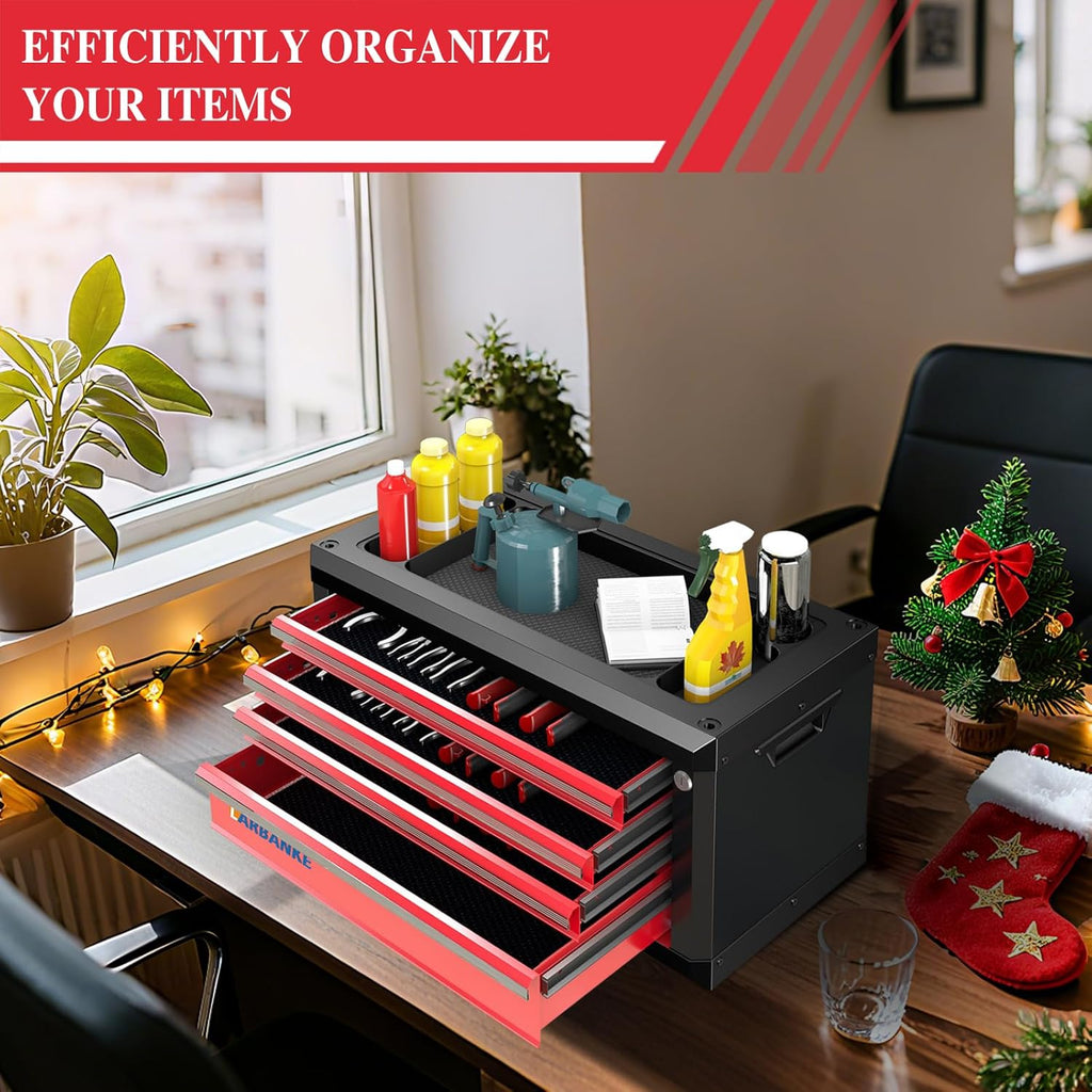 LARBANKE 4-Drawer Tool Box, Portable Tool Box with Lock&Keys,Toolbox with Waterproof and Rust-resistant Countertop,Anti-collision Corner,Special Connection Rods for Stacking with 5/7-Drawer Tool Chest