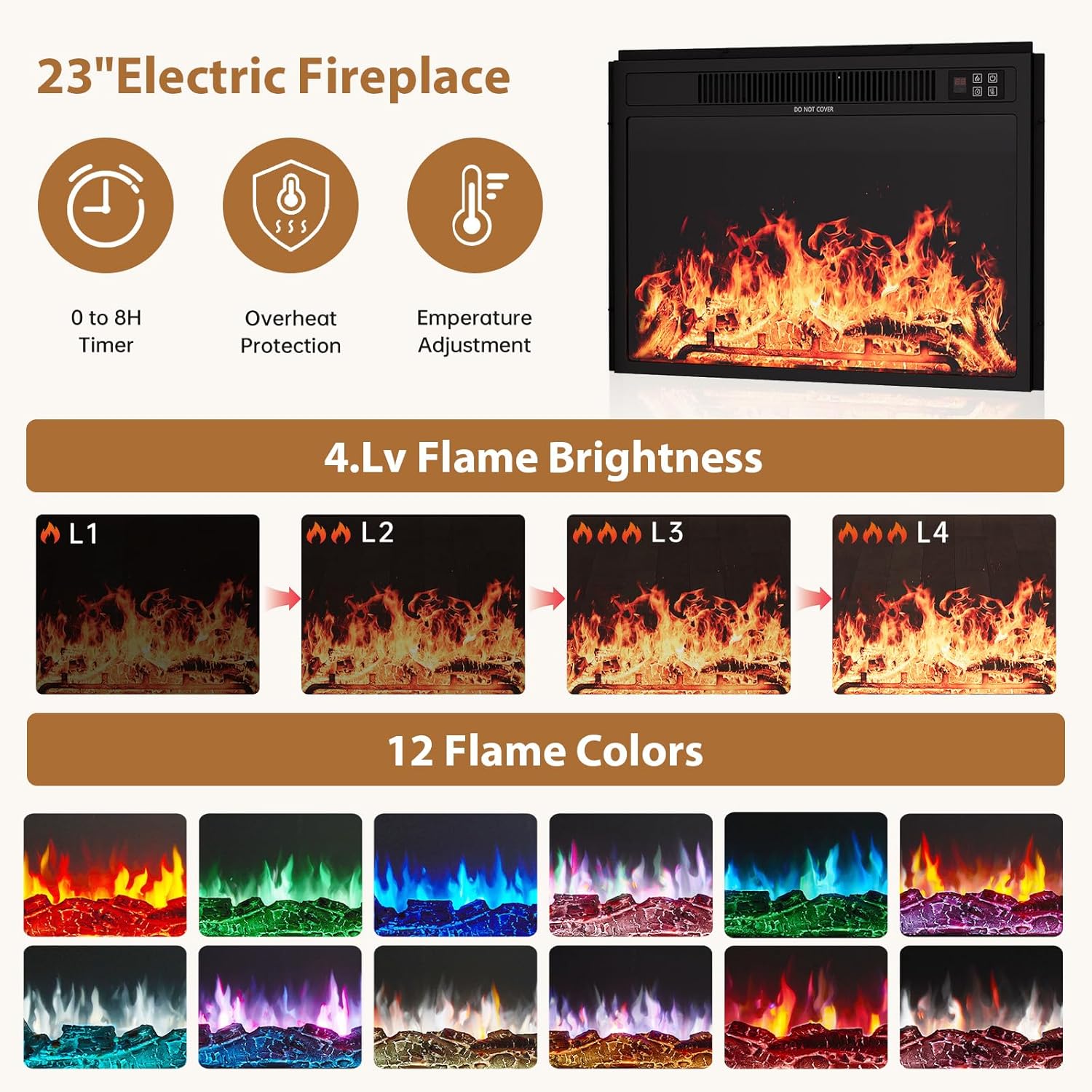 43" Electric Fireplace with Mantel, Freestanding Electric Fireplace Heater TV Stand with 23" Insert, Remote Control, Ajustable Flame and Timer, Fire Place Insert Heater for Living Room, White