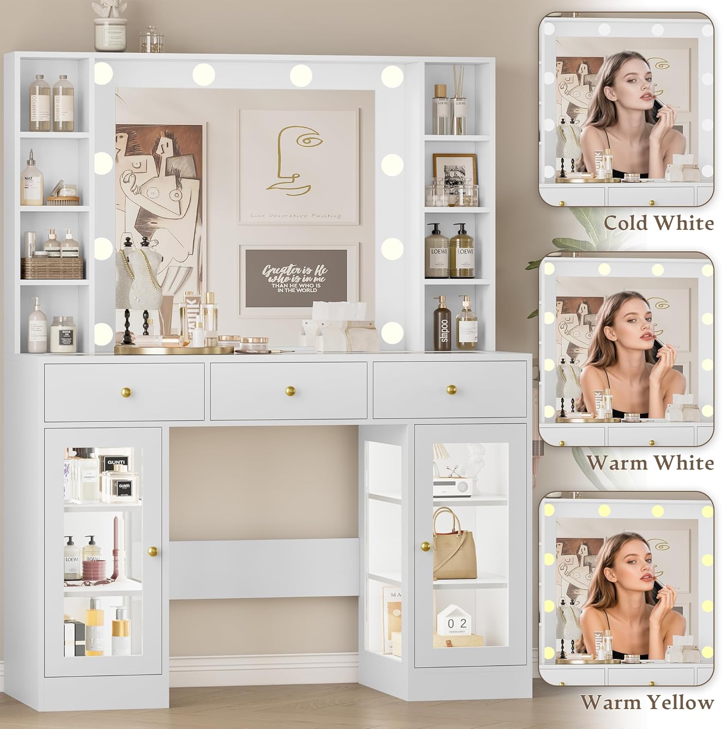 Makeup Vanity Desk with Mirror and Lights, White Vanity with Glass Top, LED Lights & Power Outlet, 3 Drawers & 2 RGB Glass Cabinets, Adjustable Lighted Dressing Table for Women & Girls Bedroom