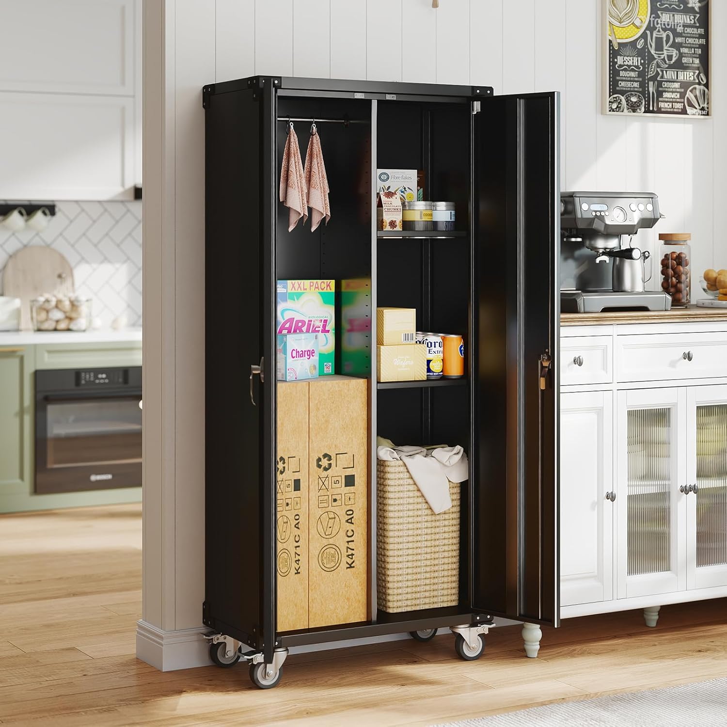 DUMOS 72" Metal Garage Storage Cabinet with Wheels, Tall Rolling Steel Tool Cabinet with Adjustable Shelves and Locking Doors, Lockable File Cabinet for Garage, Home, Office, Warehouse, Black