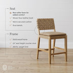 Nathan James Cohen Mid-Century Modern Leather Bar Stool, Counter Height Chair in Solid Wood Frame with Footrest and Woven Leather Back for Kitchen, Natural Brown, 1 count, Barstool - 24"