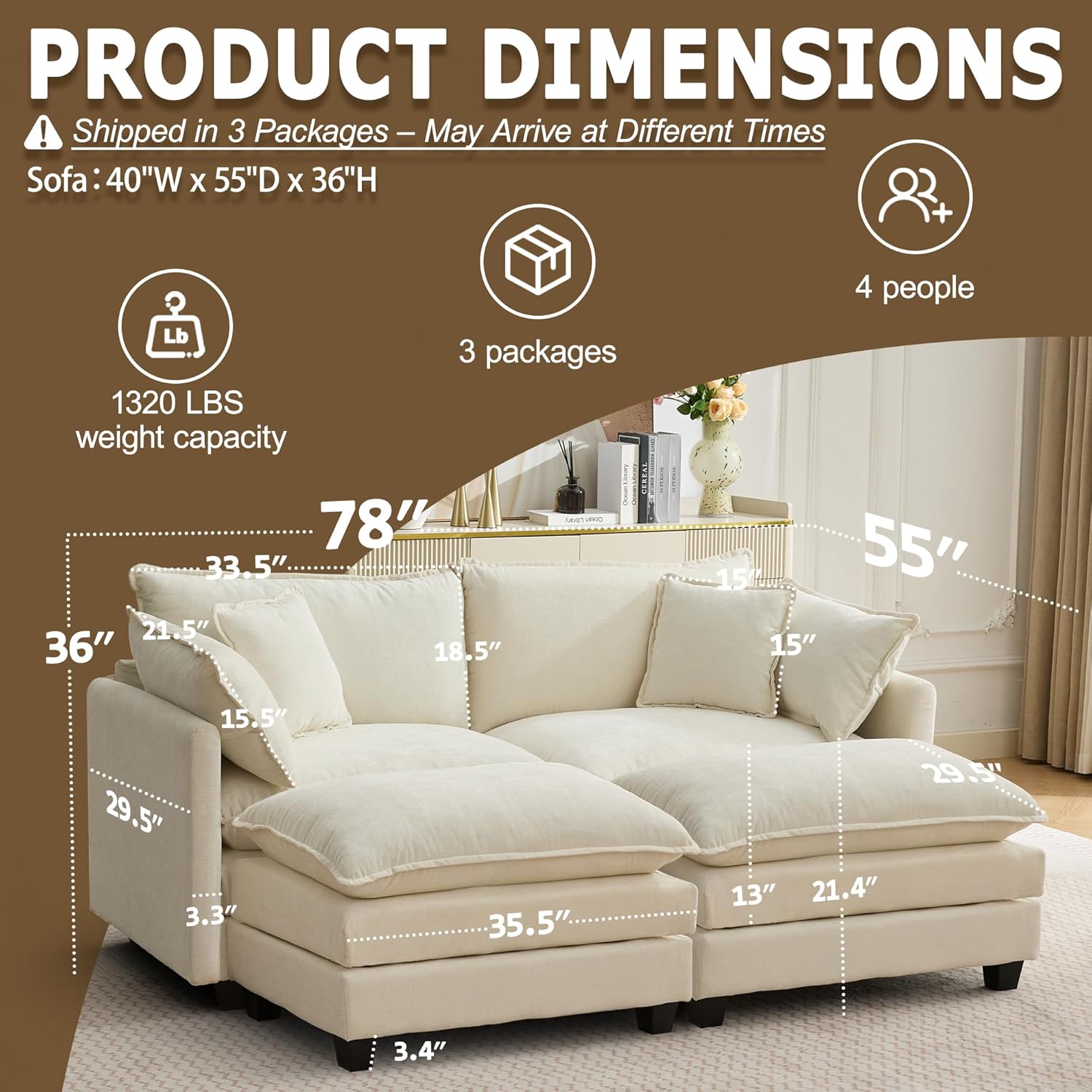 78" Modular Sectional Sofa, Cloud Couch Loveseat Sofa with 2 Movable Ottoman, Comfy Chenille Deep Seat Sofa with Throw Pillows, 4 Seat Modern Couches for Living Room, Bedroom and Apartment, Beige