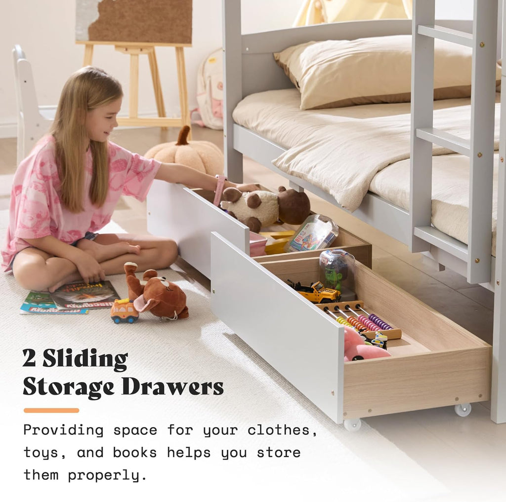 AMERLIFE Twin Over Twin Bunk Bed with Storage Drawers, Solid Rubberwood 2-in-1 Convertible Loft Beds with Ladders, Modern Detachable Bed Frame for Kids and Teens Bedroom, Grey