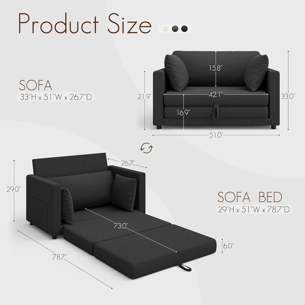 Convertible Sofa Bed, 2 in 1 Pull Out Loveseat Sleeper Sofa | 78.7” Folding Floor Sofa Bed for Guest Room, Bedroom | Black