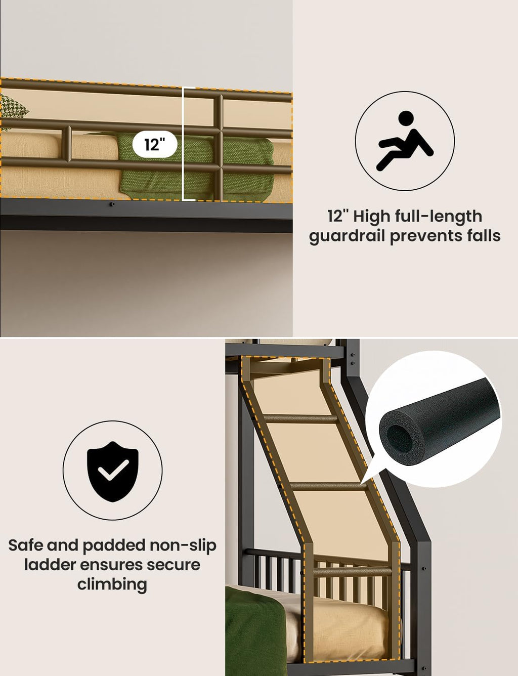 Twin XL Over Queen Bunk Bed, Heavy Duty Queen Bunk Bed for Adults, Metal Bed Frame with Full-Length Guardrails & EVA Padded Anti-Slip Ladder, No Box Spring Needed, Black