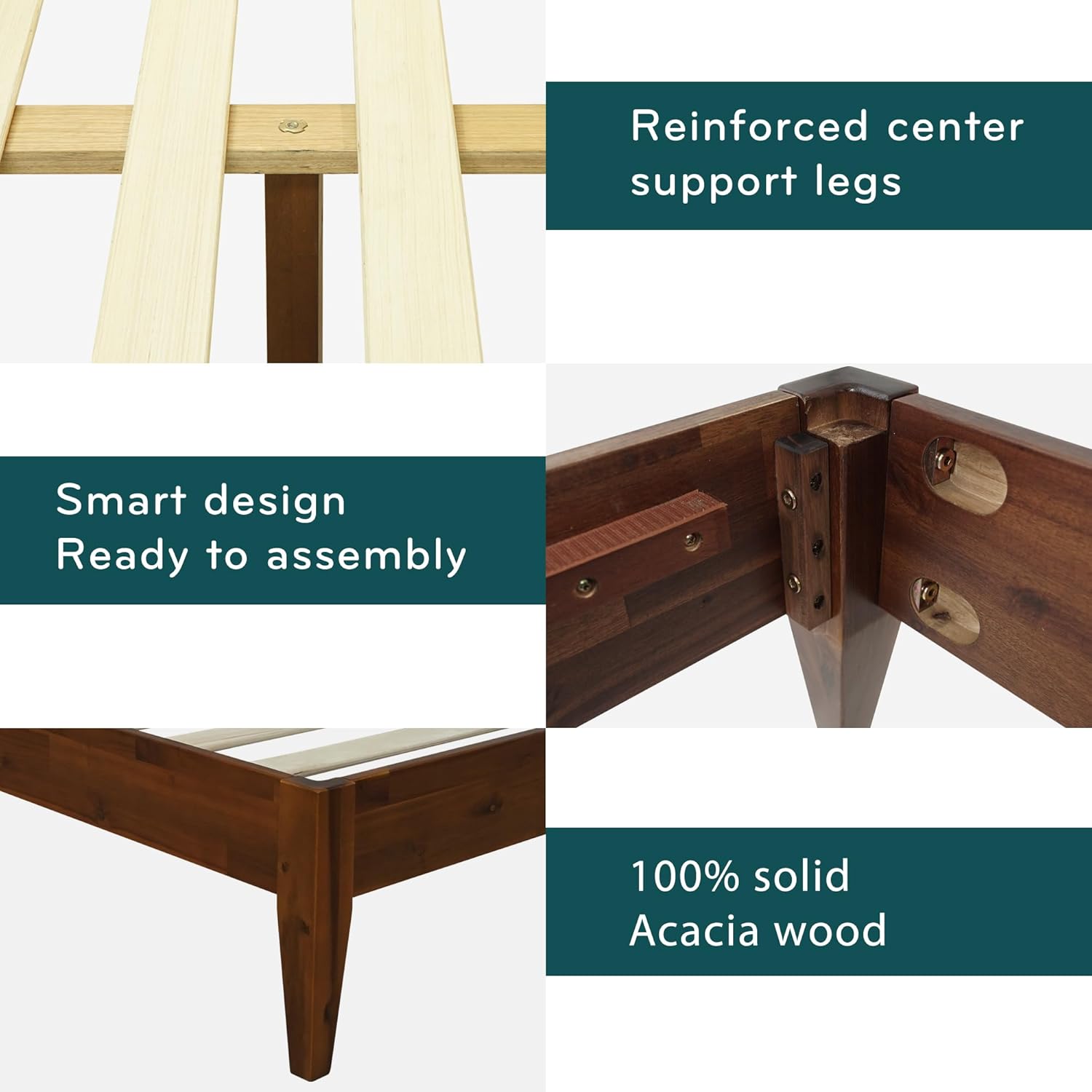 Acacia Mervyn Bed Frame Solid Wood Platform Bed, King Bed Frame No Headboard, Natural Wood Bed Compatible with All Mattress Types, No Box Spring Needed, Quick & Easy Assembly, Chocolate