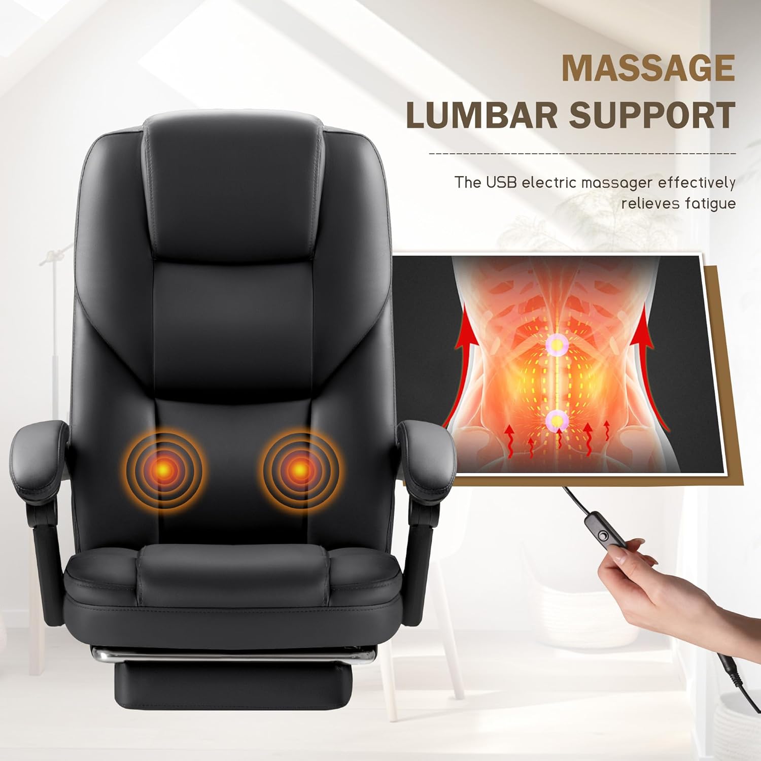 Furmax Executive Office Chair with Foot Rest Big and Tall Office Chair Ergonomic Home Office Desk Chairs Reclining High Back Leather Chair with Lumbar Support, 400LBS (Black)