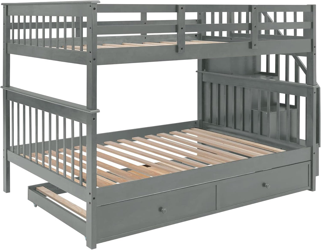 Bellemave Full Over Full Bunk Beds with Stairs and Trundle Wood Bunk Bed Frame with Staircase and Storage Shelves for Kids Teens Adult, Detachable Stairway Bunkbed for Boys Girls, Gray