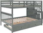 Bellemave Full Over Full Bunk Beds with Stairs and Trundle Wood Bunk Bed Frame with Staircase and Storage Shelves for Kids Teens Adult, Detachable Stairway Bunkbed for Boys Girls, Gray