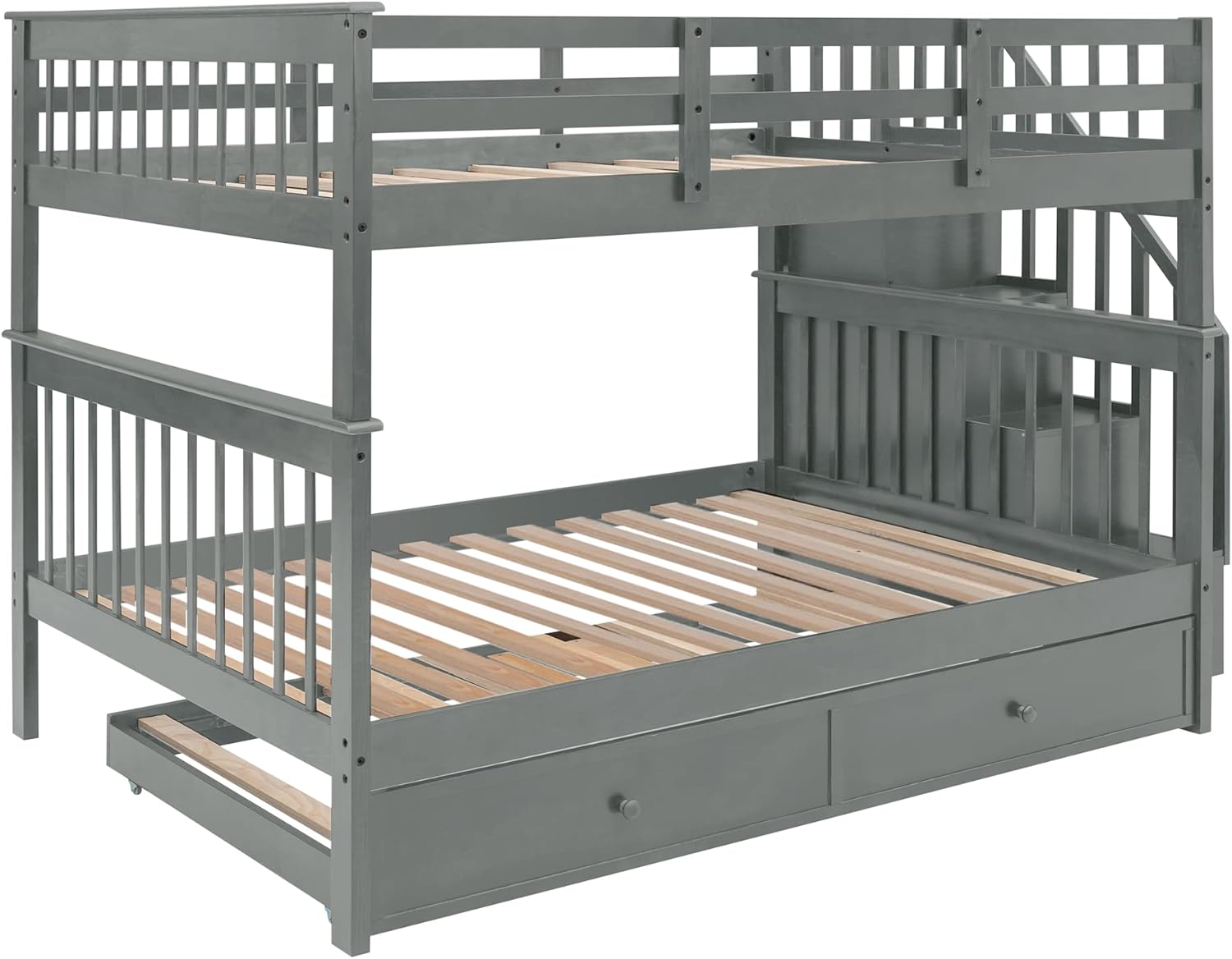 Bellemave Full Over Full Bunk Beds with Stairs and Trundle Wood Bunk Bed Frame with Staircase and Storage Shelves for Kids Teens Adult, Detachable Stairway Bunkbed for Boys Girls, Gray