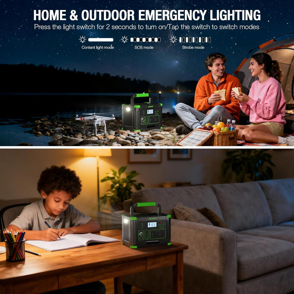 Portable Power Station 1000W (Peak 2000W)  999Wh Solar Generator  110V Pure Sine Wave AC Outlet with PD 60W USB-C Fast Charging  Outdoor Camping RV Van Home Backup Off-Grid Living