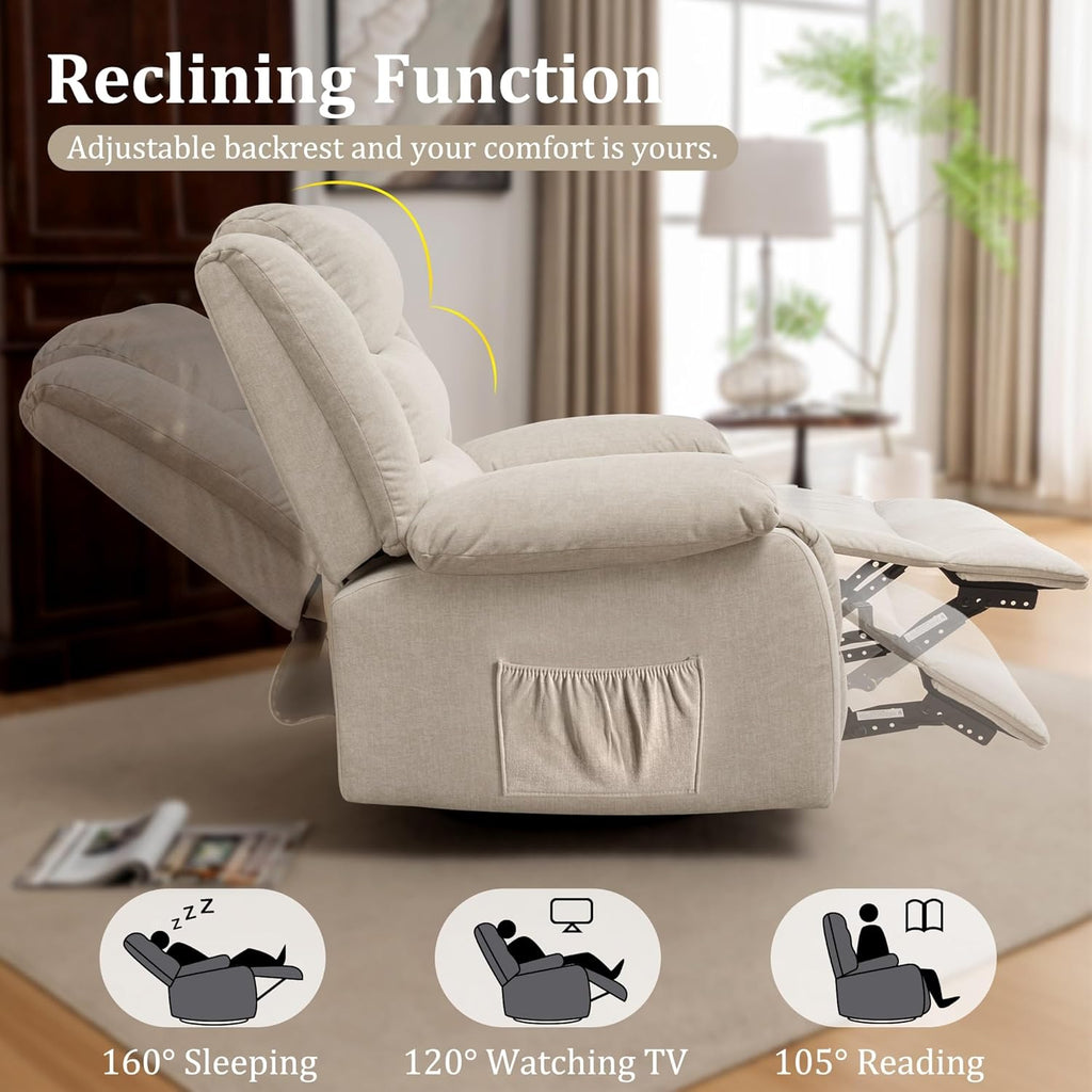 Recliner Chair, Wide Rocker Chair, Rocking Chair with Massage and Heat,360°Swivel Nursery Rocking Chairs, Oversized Recliner for Adults, Cashmere Reclining Sofa for Living Room, Beige