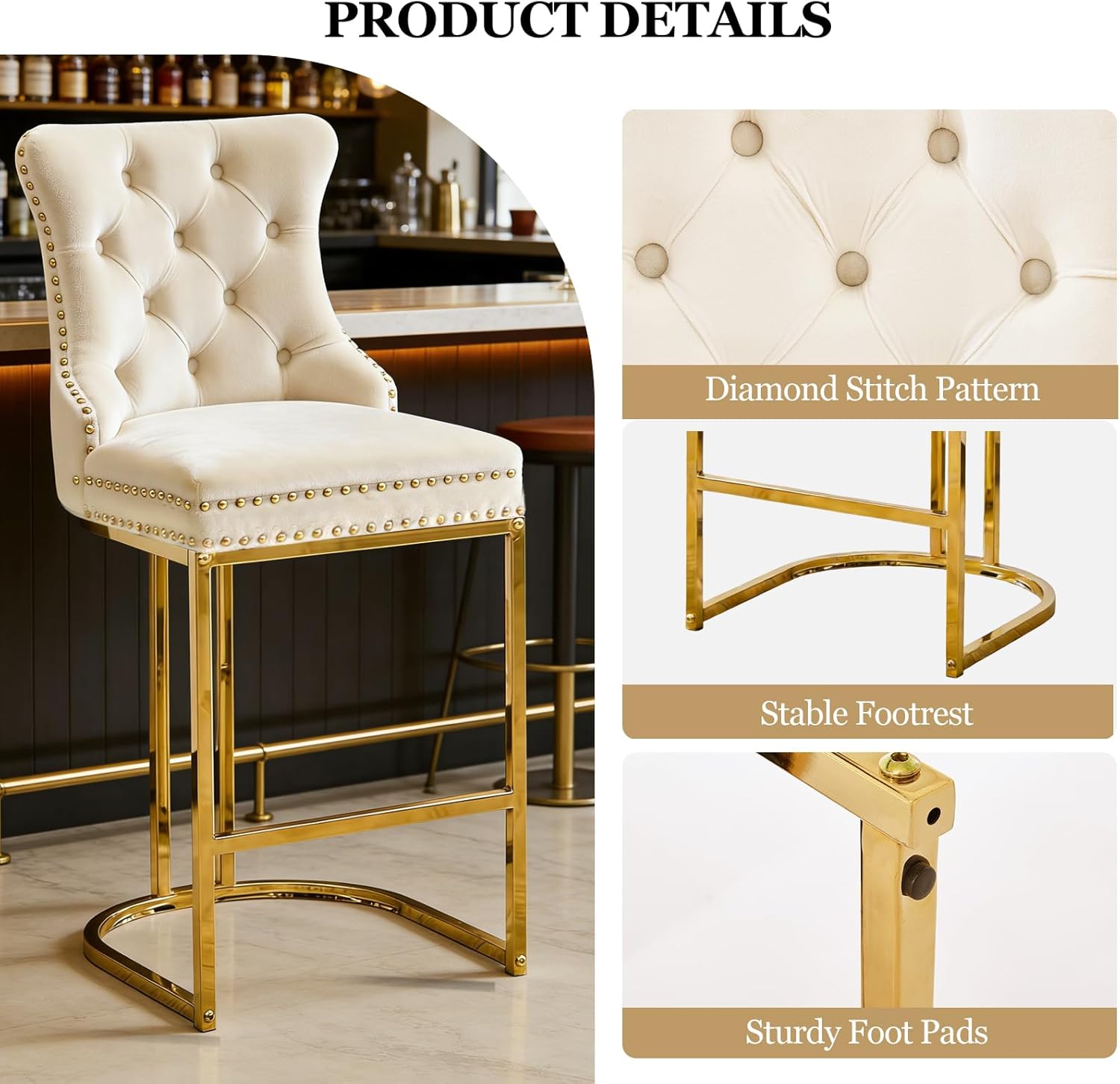 UVV Counter Height Bar Stools Set of 6, 26" Modern Barstools with Back, Velvet Upholstery Counter Chairs with Metal Legs for Kitchen Island, Bar, Counter, Beige