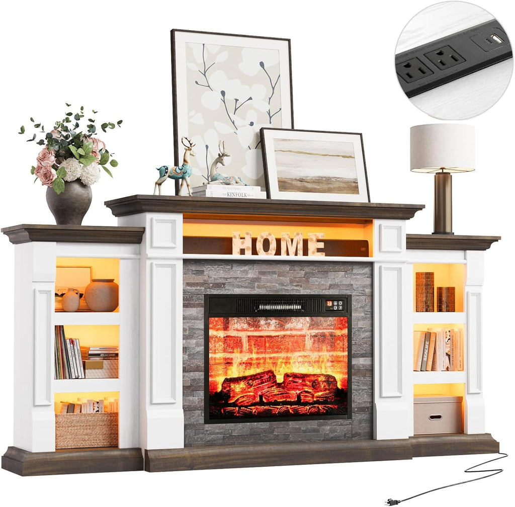 Naice 72" Electric Fireplace with Mantel and Cabinets, Fireplace TV Stand for TVs up to 80", LED Light & Power Outlet, 23in Insert Heater w/Realistic Red Brick Flame for Living Room Bedroom,Brown