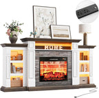 Naice 72" Electric Fireplace with Mantel and Cabinets, Fireplace TV Stand for TVs up to 80", LED Light & Power Outlet, 23in Insert Heater w/Realistic Red Brick Flame for Living Room Bedroom,Brown