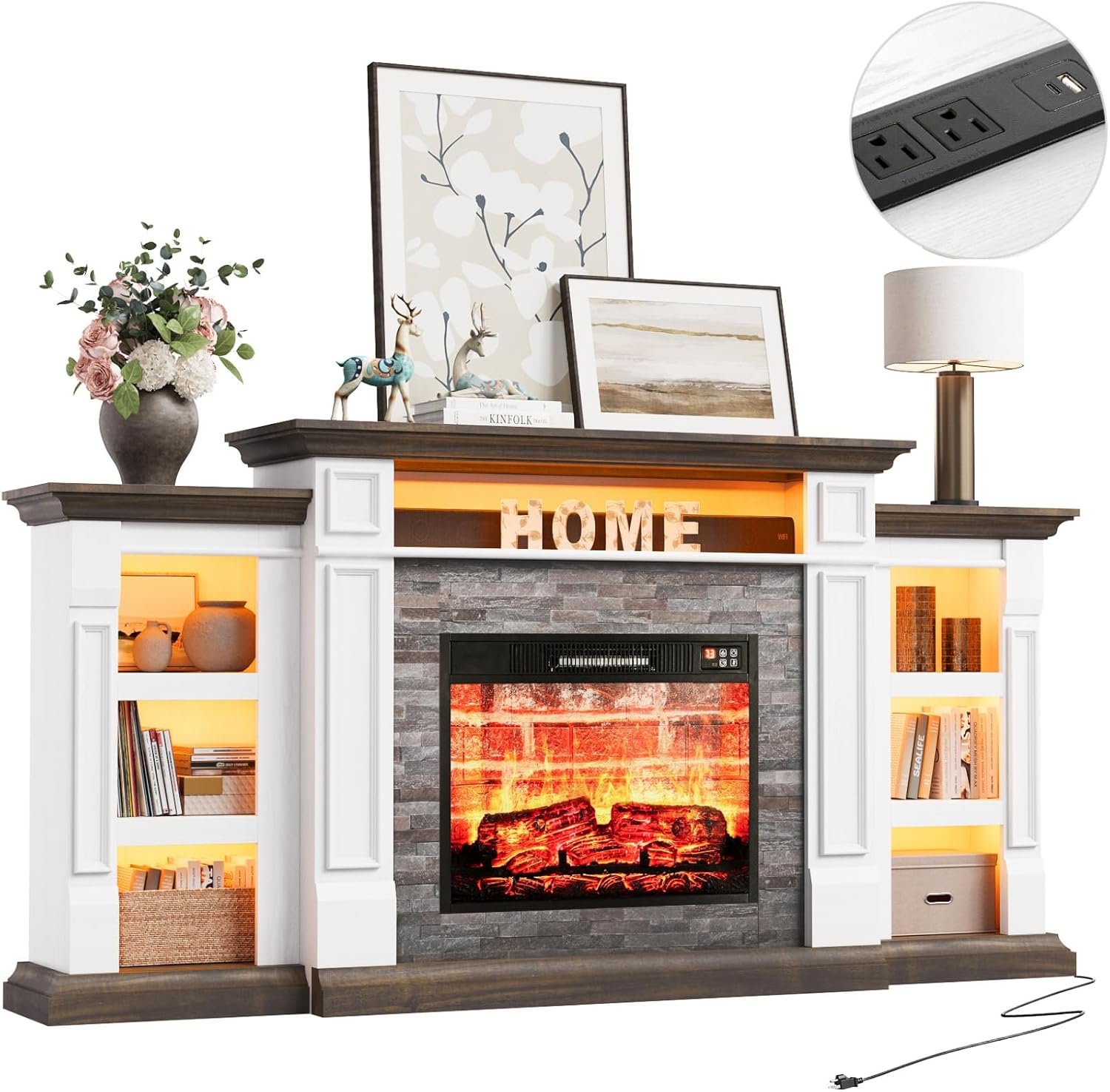 Naice 72" Electric Fireplace with Mantel and Cabinets, Fireplace TV Stand for TVs up to 80", LED Light & Power Outlet, 23in Insert Heater w/Realistic Red Brick Flame for Living Room Bedroom,Brown