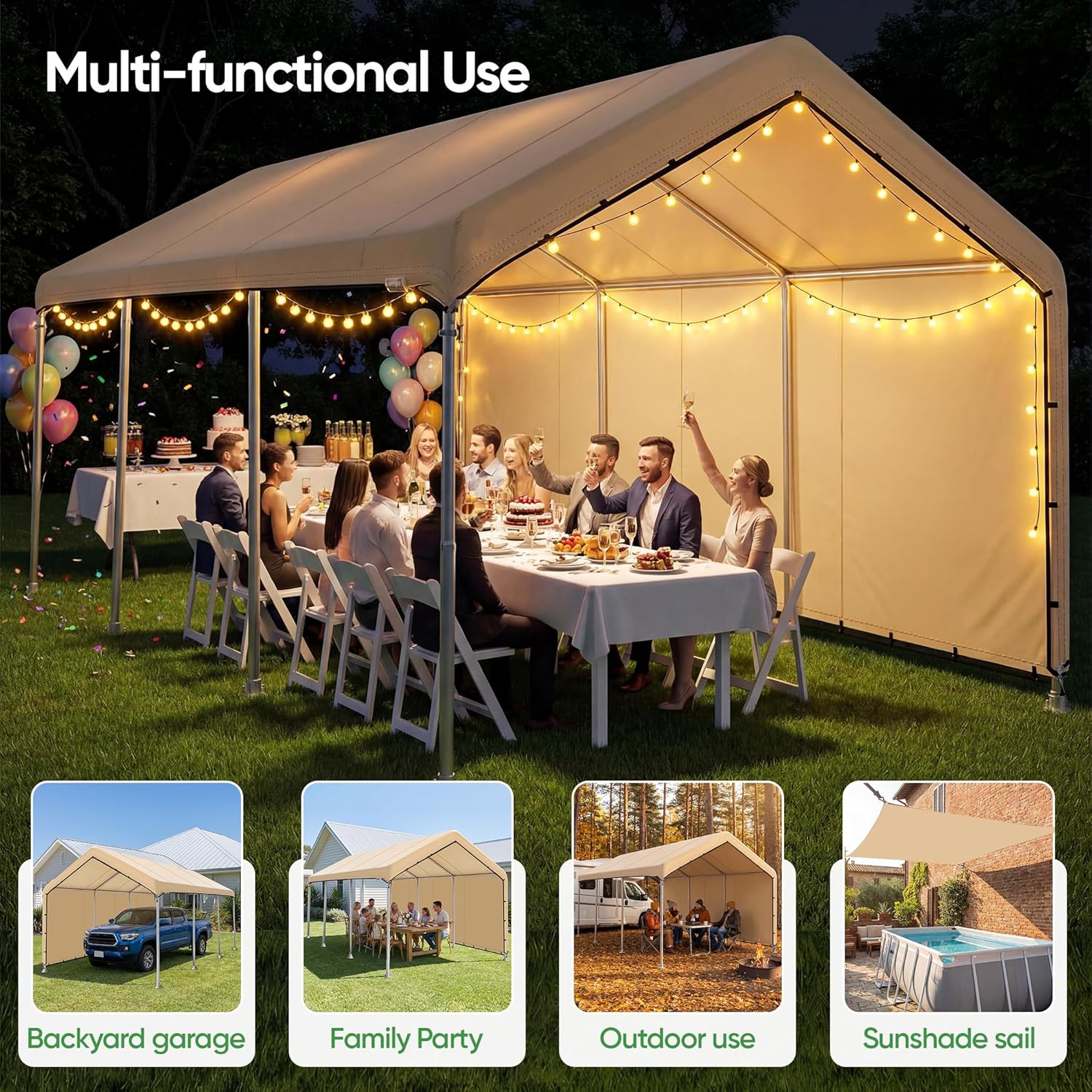 SIHAIAN 10 x 20 Ft Carport Replacement Canopy Cover with Sidewall(No Frame) Easy to Set up Carport Canopy, 500D Heavy-Duty Garage Top Tent Tarp Waterproof and UV Protected (Only Canopy Cover) Beige