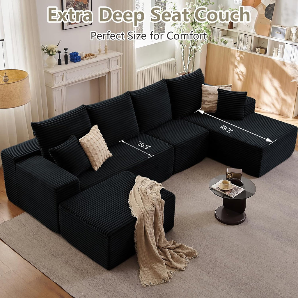 135" U-Shape Cloud Couch, Modern Modular Sectional Comfy L-Shape Sofa with Ottoman, Deep Seat, Upholstered Corduroy Sleeper Chaise Longue for Living Room Bedroom, No Assembly Required, Black