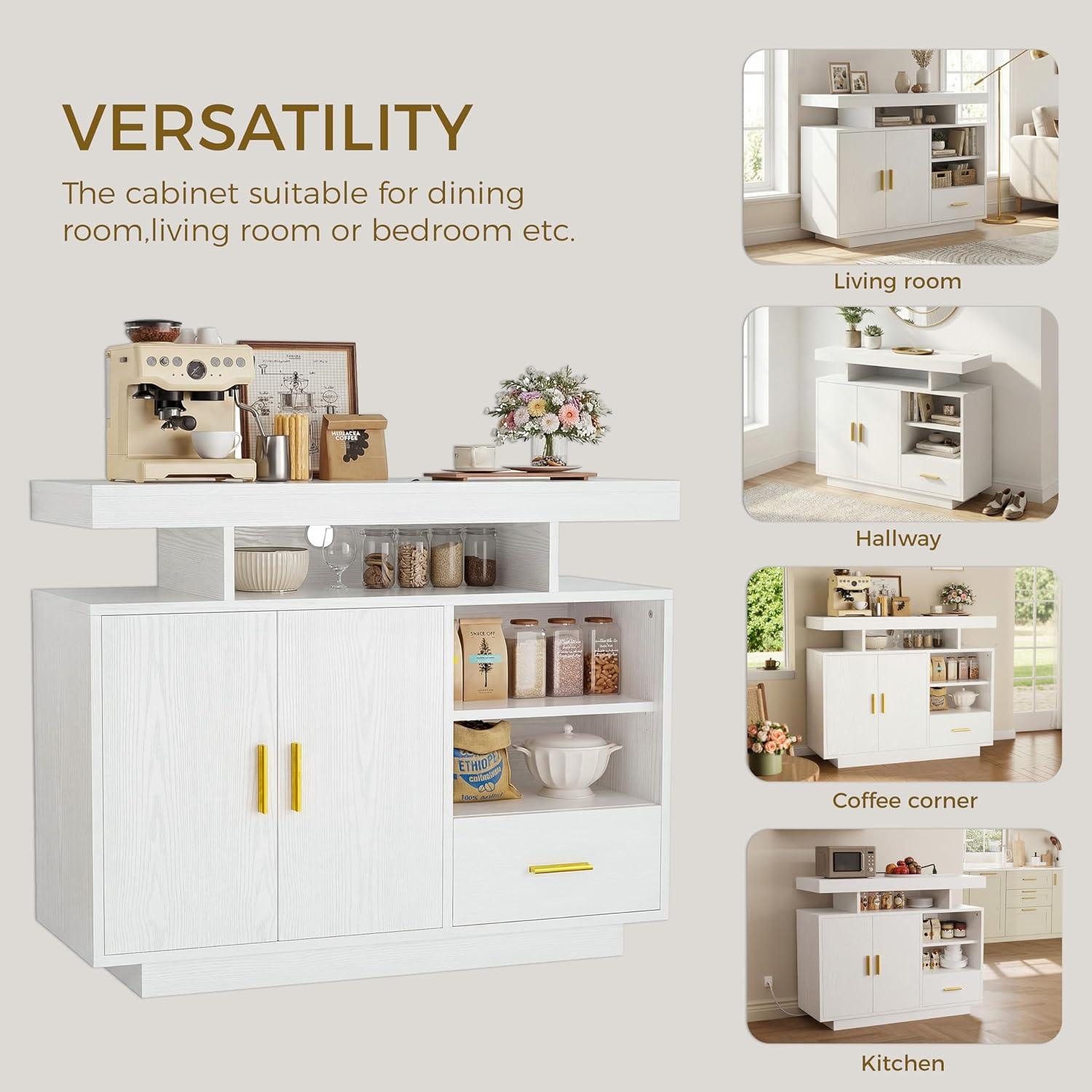 IRONCK Buffet Cabinet, Coffee Bar Cabinet with Power Outlet and LED Light, Sideboard with Drawer, Storage Cabinet with Doors and Shelves for Kitchen, White