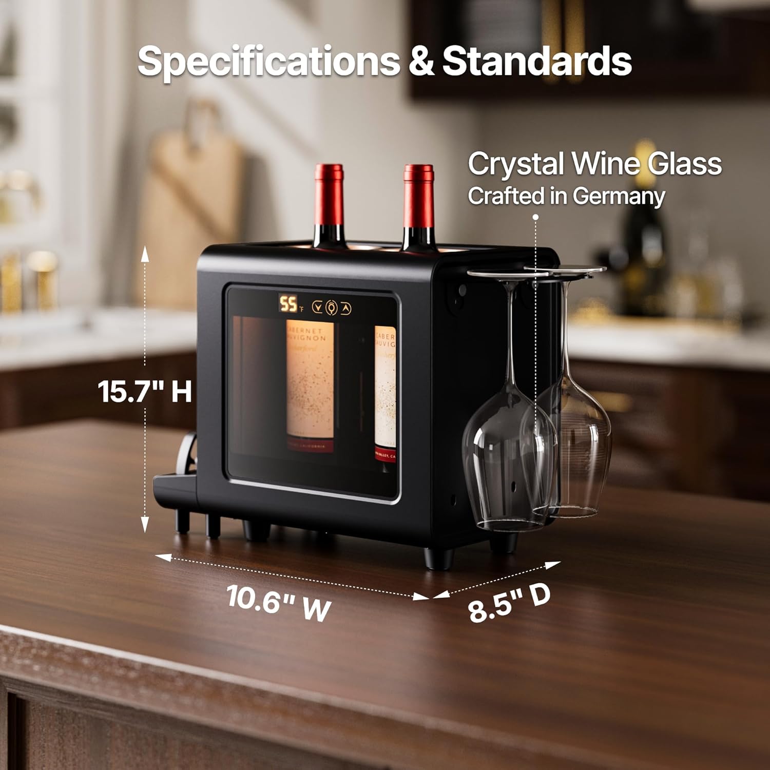 Ca'Lefort Electric Wine Chiller - 46-64°F Wine Cooler for 2 Standard Bottles (3.6" Dia.), All-in-1 Set Electric Opener & 2 Glasses, Perfect for Red, White, Champagne at Home/Office, Gift for Men Women