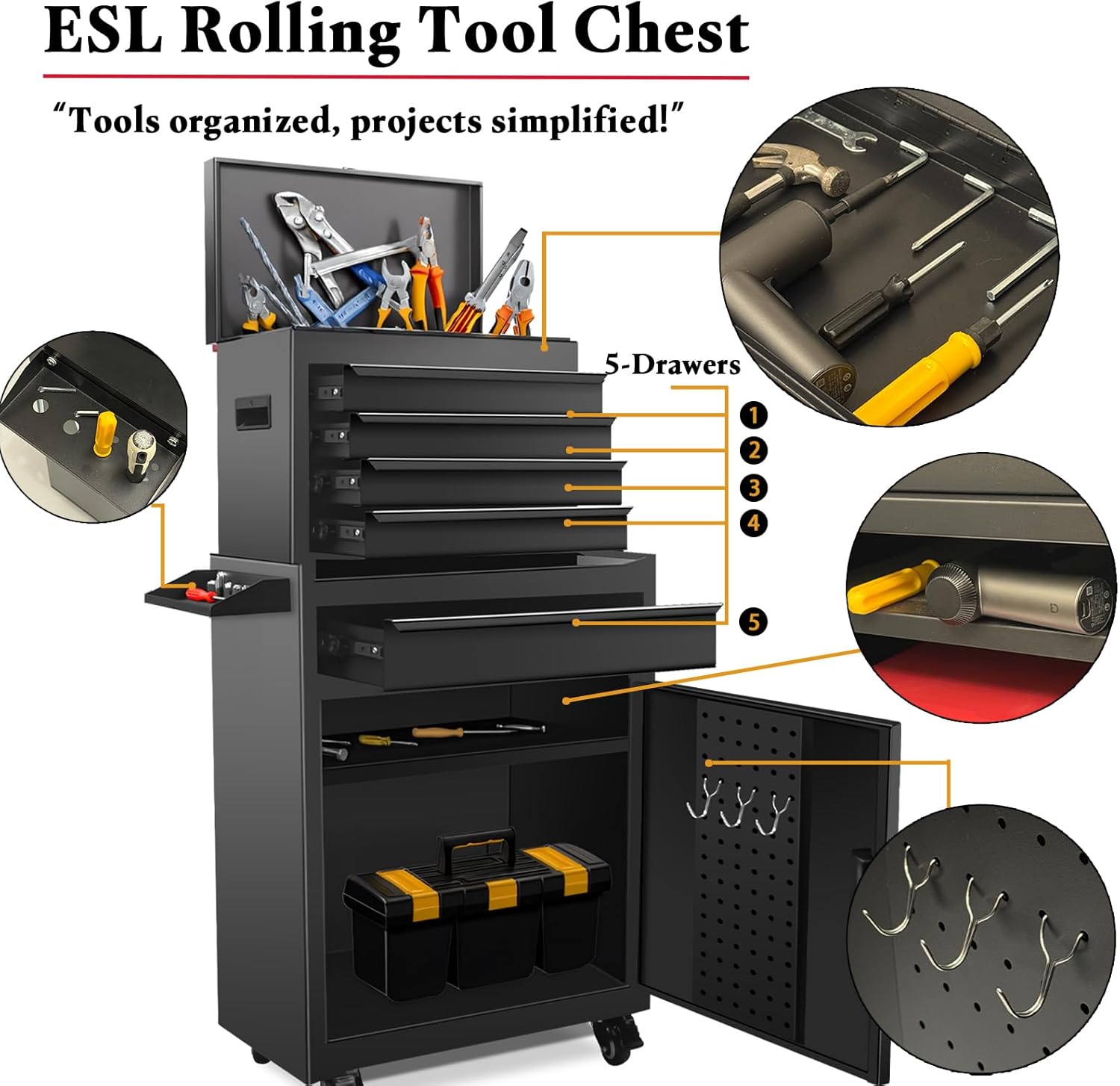 ESL Rolling Tool Chest, 5 Drawers with Big Cabinet, Tool Trolley with 4 Universal Lockable Wheels and Lock Bar, Great Black Tool Cart for Garage Workshop, Sturdy Heavy Duty Tool Storage, Easy Assemble