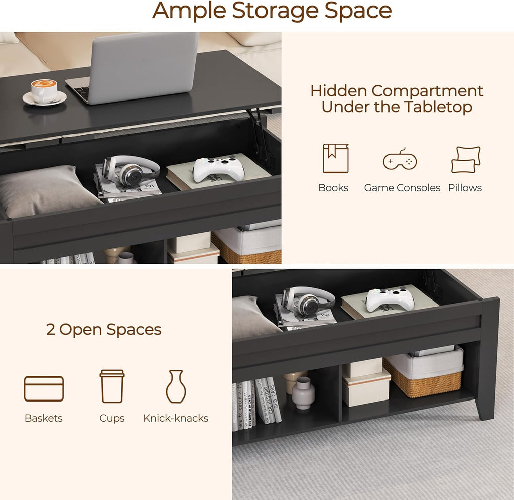Yaheetech Black Coffee Table, Lift Top Coffee Tables with Hidden Storage Compartment & Open Shelf, Lift Tabletop Pop-Up for Living Room Reception, 47.5inch L