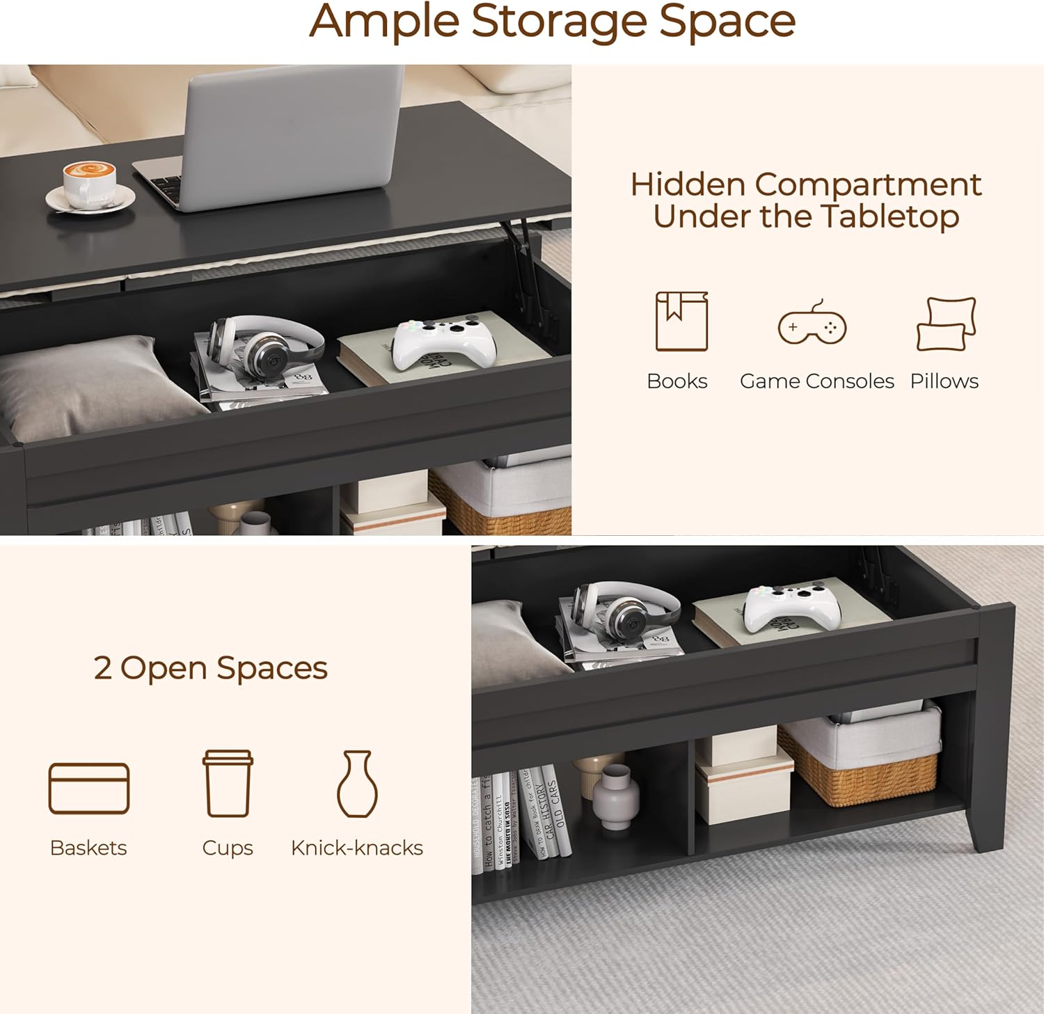 Yaheetech Black Coffee Table, Lift Top Coffee Tables with Hidden Storage Compartment & Open Shelf, Lift Tabletop Pop-Up for Living Room Reception, 47.5inch L