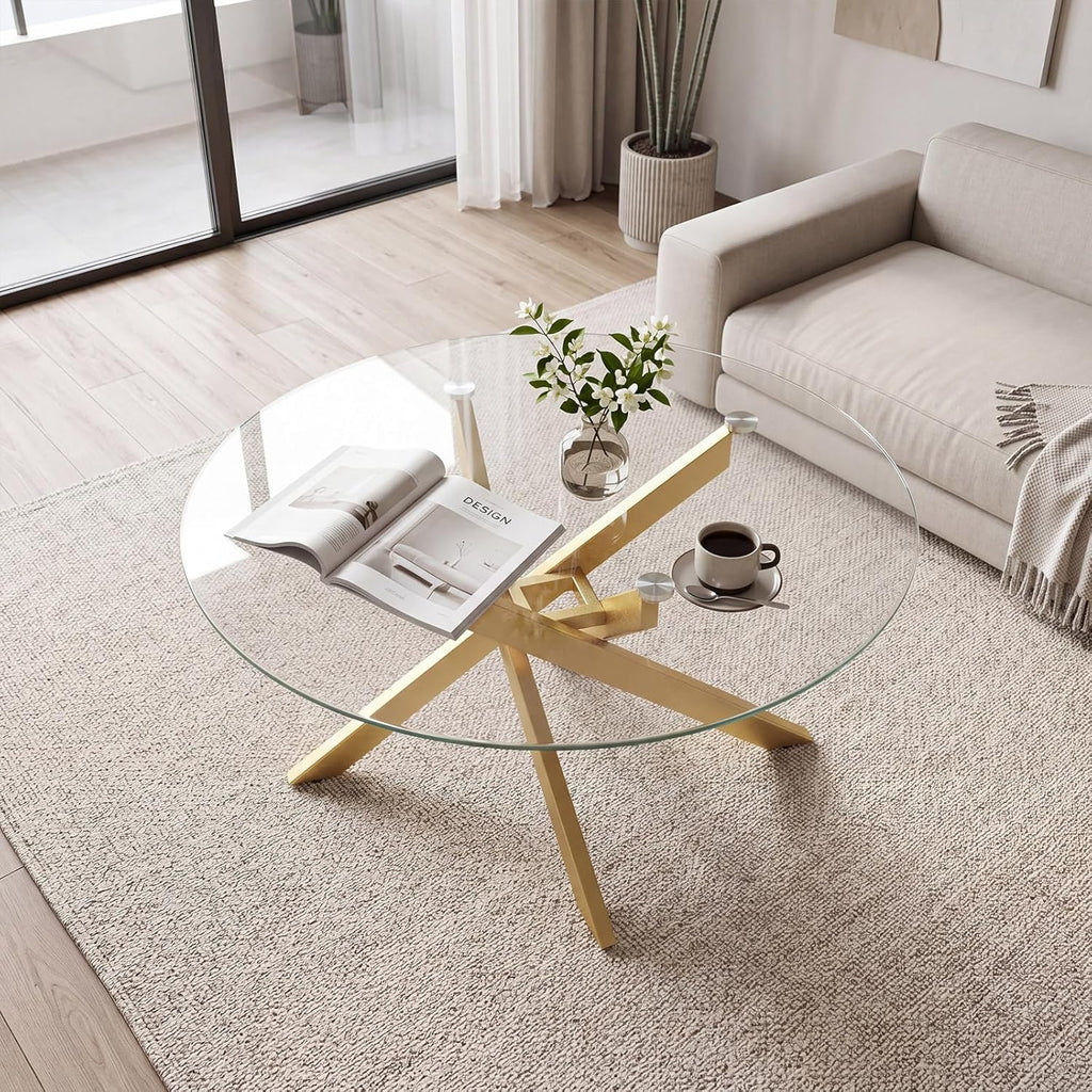 Giantex Round Glass Coffee Table, 31.5" Modern Center Table with Tempered Glass Top & Geometric Metal Frame, Clear Accent Cocktail Table, Small Coffee Table for Living Room, Small Spaces (Gold)