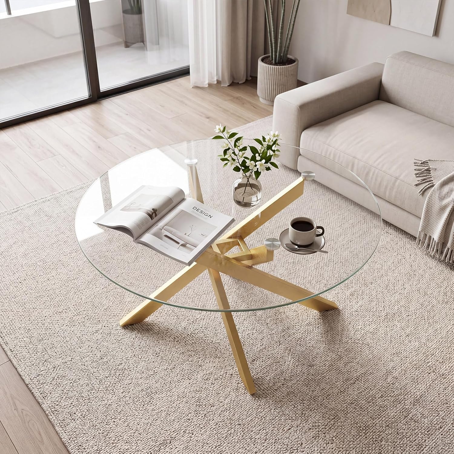 Giantex Round Glass Coffee Table, 31.5" Modern Center Table with Tempered Glass Top & Geometric Metal Frame, Clear Accent Cocktail Table, Small Coffee Table for Living Room, Small Spaces (Gold)