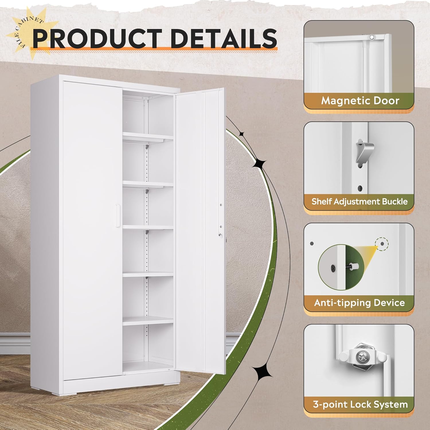 DEVAISE Garage Storage Cabinet, Metal Storage Cabinet, Lockable Steel File Cabinet, White for Home, Office, Garage, Shool, Gym