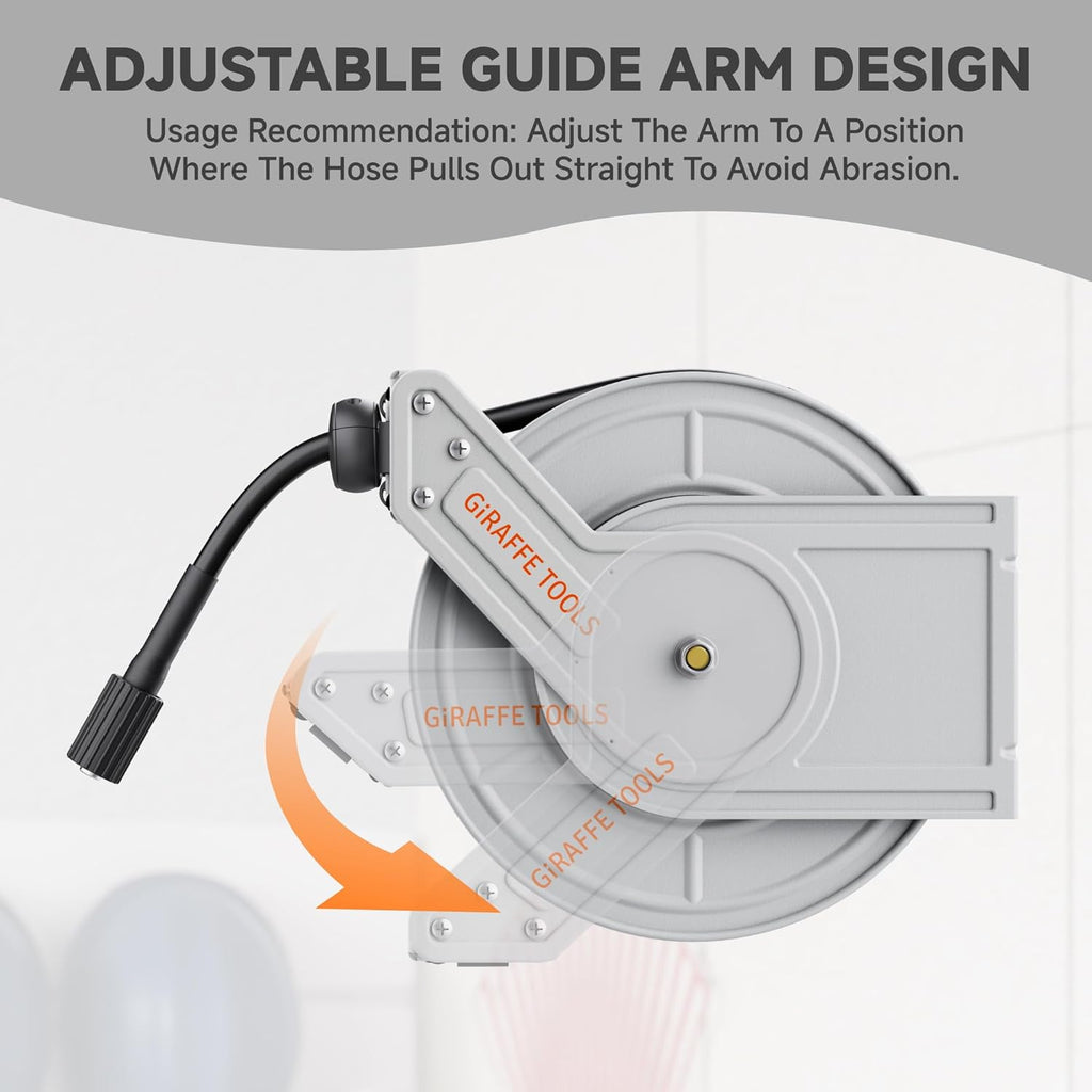 Giraffe Tools Pressure Washer Hose Reel 65ft, 3200 PSI Power Washer Hose Reel, Pressure Washer Retractable Hose Reel, Heavy Duty, Wall/Floor Mounted, Silver