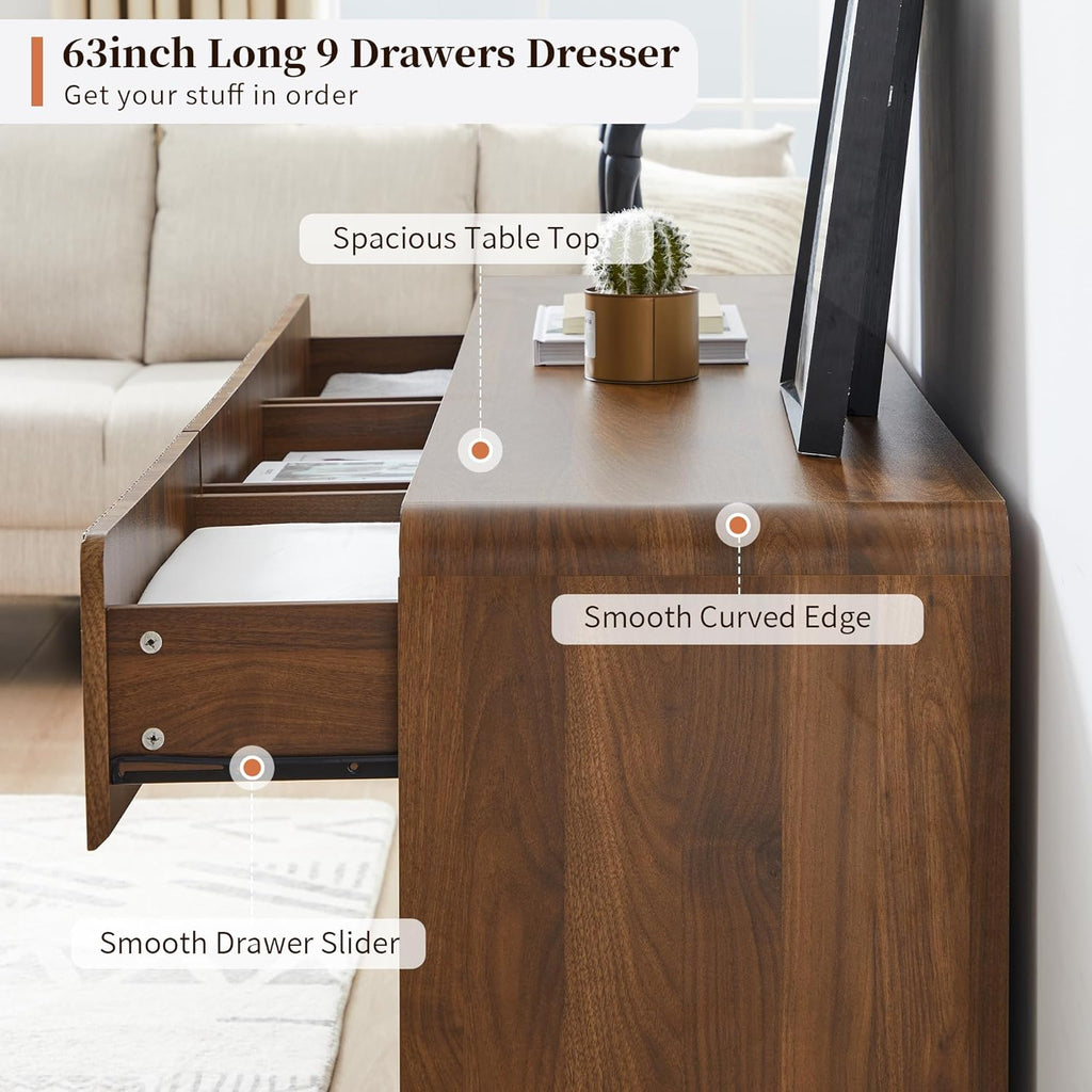 MERRYBERRY Fluted Dresser for Bedroom with 9 Drawers,63" Wide Modern Chest of Drawers with Curved Profile & Deep Drawer,Large Wood TV Dresser for Bedroom Living Room