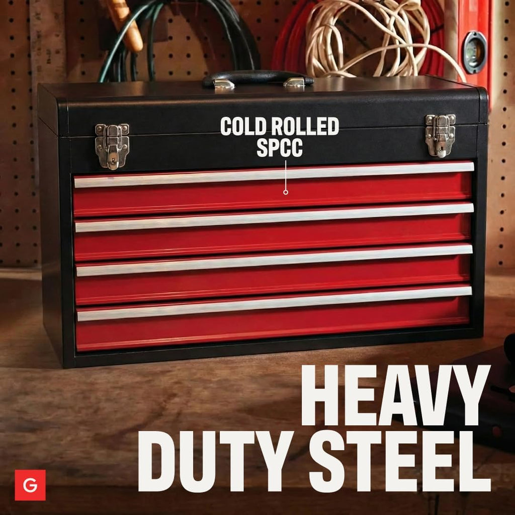 4-Drawer Tool Box with Drawers - Portable Metal Tool Box for Mechanics - Heavy Duty Steel Tool Chest with Locking Latches and Top Storage Compartment, Red/Black