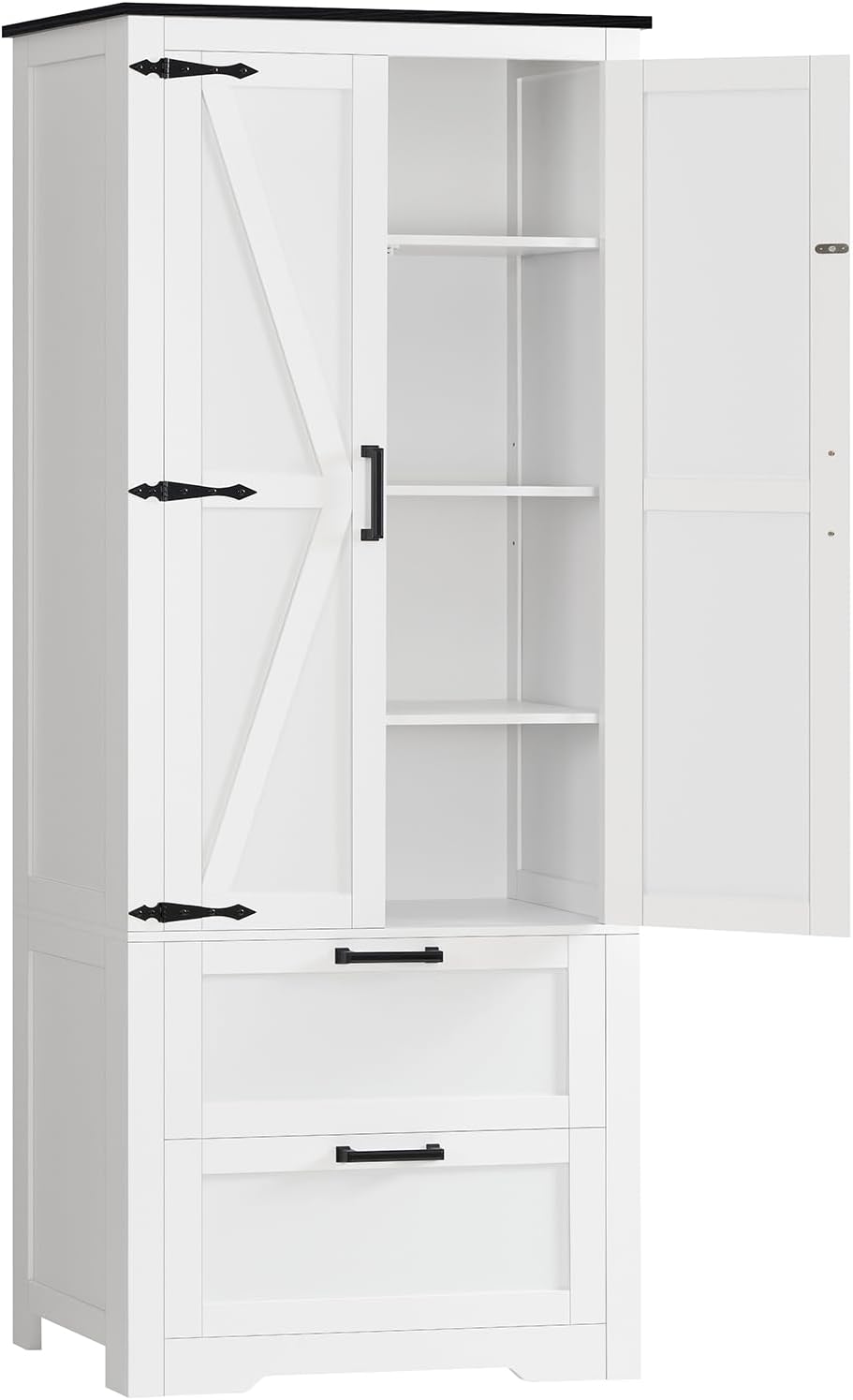TEENFON 66.2" H Storage Cabinet with 2 Drawers, Farmhouse Kitchen Pantry Cabinet with 2 Doors & Adjustable Shelf, Bathroom Cabinet, for Living Room, Kitchen, Bathroom, White