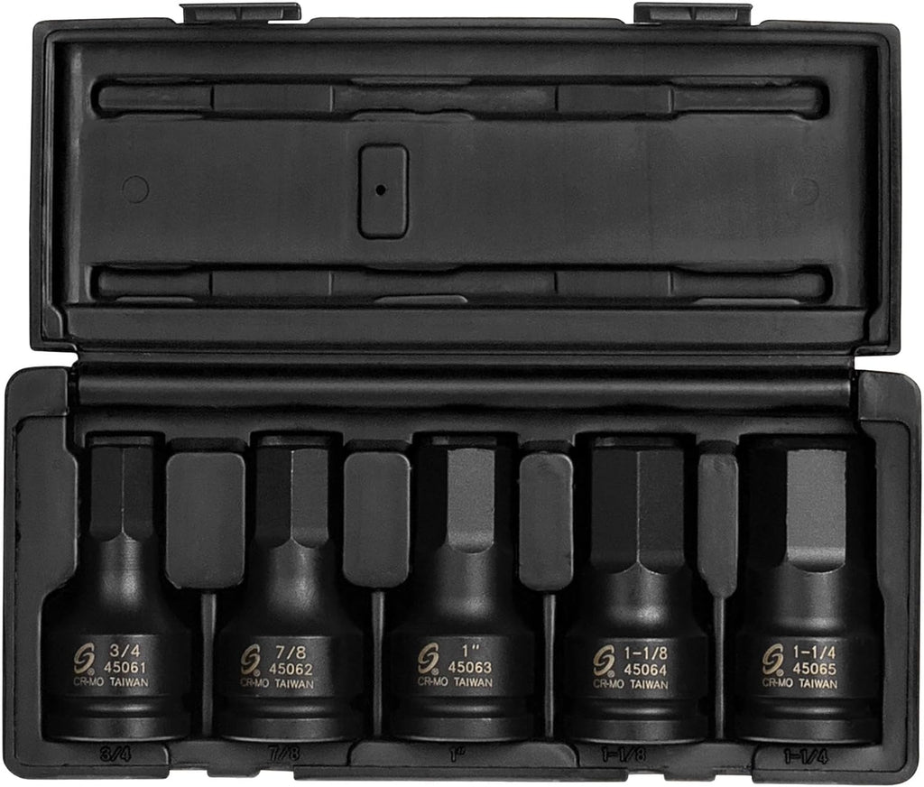 SUNEX TOOLS 4506, 3/4 Inch Drive Impact Hex Driver Set, 5-Pieces, SAE, 3/4" - 1-1/4", Cr-Mo Steel, Solid One Piece Construction, Dual Size Markings, Heavy Duty Storage Case