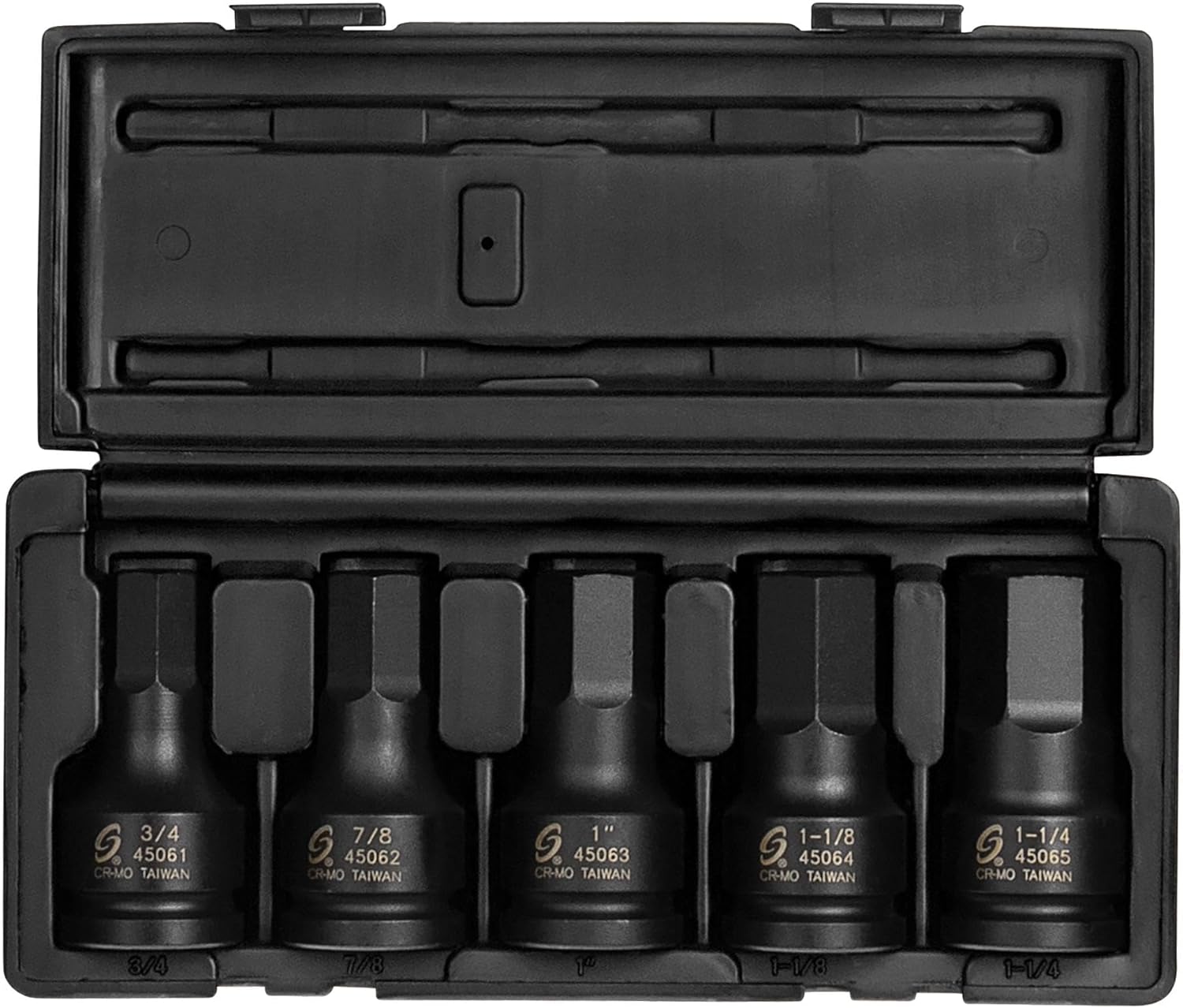 SUNEX TOOLS 4506, 3/4 Inch Drive Impact Hex Driver Set, 5-Pieces, SAE, 3/4" - 1-1/4", Cr-Mo Steel, Solid One Piece Construction, Dual Size Markings, Heavy Duty Storage Case