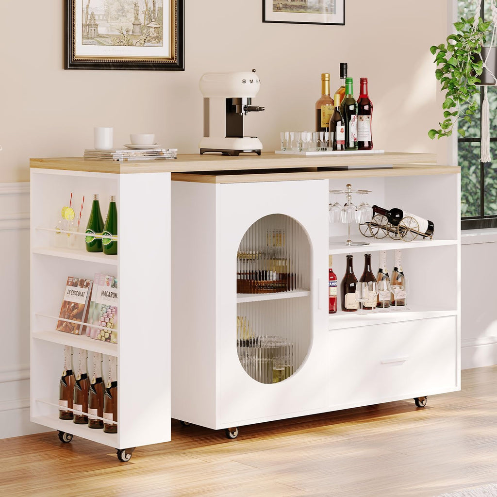 HSH 72.4” Rolling Kitchen Island with Swivel Table, Storage Cabinet, Drawers & Shelves, White Modern Mobile Island Cart on Wheels, Farmhouse Wood Island Table for Kitchen, Dining Room, Home Bar