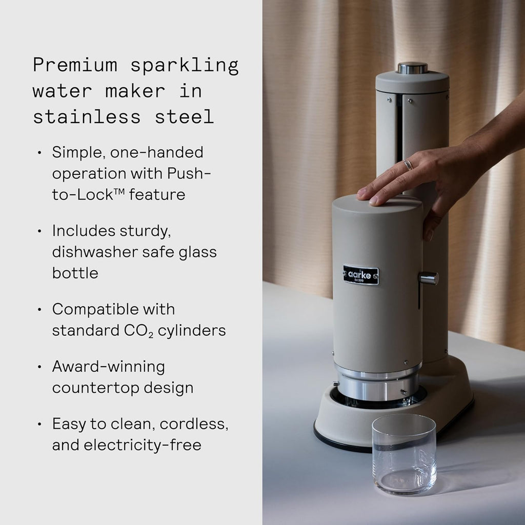 Aarke Carbonator Pro, Sparkling & Carbonation Water Machine, Stainless Steel with Glass Reusable Bottle Volume 800 mL/27 fl oz (Sand)