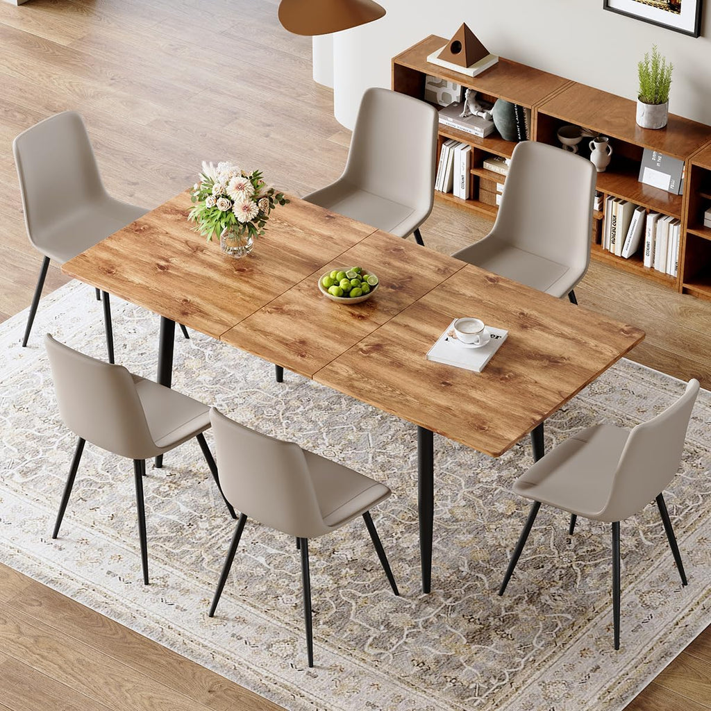 59"-75" Extendable Dining Table Set for 6, Mid Century Dining Room Table Set for 6, Modern Wood Kitchen Table Upholstered Chairs Set of 6, Ideal for Dining Room,Office, Space-Saving, Easy to Assemble