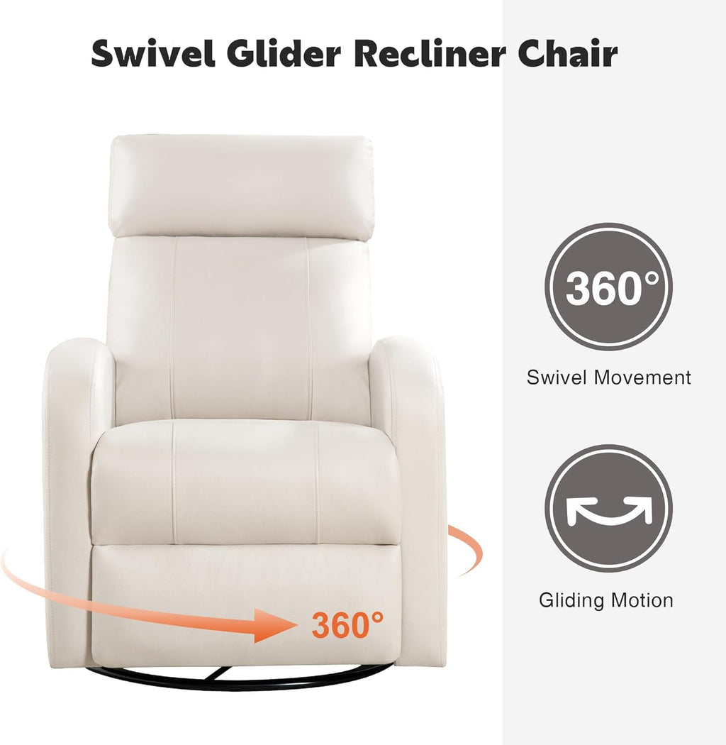 Swivel Rocker Recliner Chair, Manual Faux Leather Recliner, Glider Rocking Recliners 360°Swivel Nursery Reclining Chairs with Adjustable Headrest Highback for Living Room, Cream