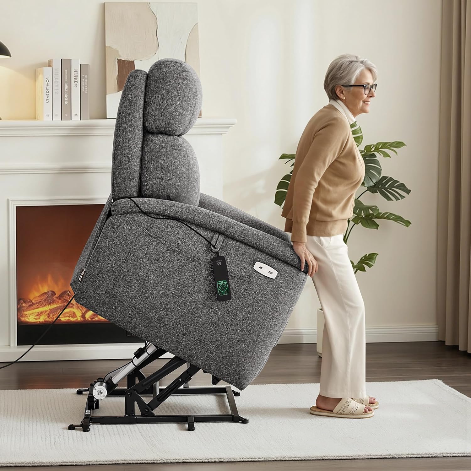 MCombo Power Lift Recliner Chair with Massage and Dual Heating, Adjustable Headrest, Extended Footrest for Elderly People, Fabric R7605 (Dark Grey)