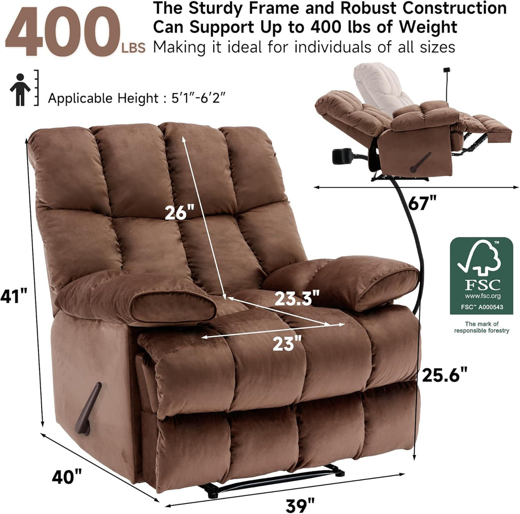 Euthymia Oversized Recliner Chair, Heavy Duty Recliner Chairs for Adults 400LBS, Large Recliner Chair, Extra Wide Recliners for Living Room, Brown