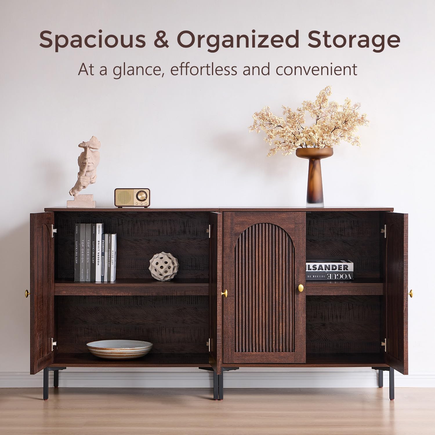 Modern TV Stands for 75 Inch TVs, 61.75‬"W Wood Entertainment Center w/Adjustable Shelves, Mid Century Modern TV Stand w/Arched Fluted Doors, Media Console Cabinet for Living Room, Brown