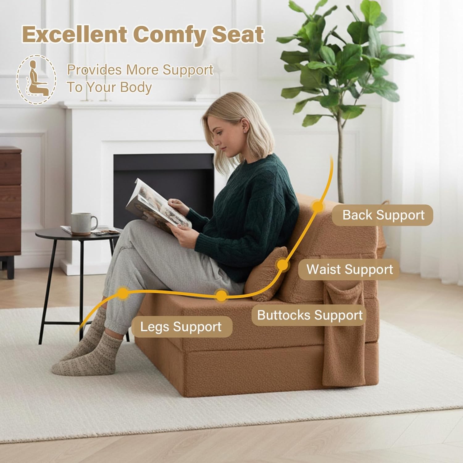 Tiita Convertible Folding Sofa Bed Single Size for Adults with Pillow, Plush Fabric Floor Mattress Couch Bed, Washable Cover & Side Pocket, Guest Room, Dorm, Apartment, Living Room, Brown