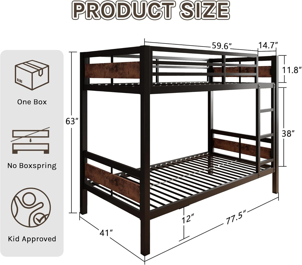 Bunk Bed Twin Over Twin, Heavy Duty Metal Bunkbeds with Full-Length Guardrail, Space-Saving Steel Bed for Kids & Adults, No Box Spring Required, Rustic Brown